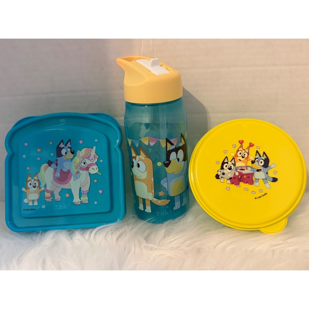 Bluey Zak Designs 3 Piece Lunch Set Water Bottle Sandwich Container Snack Bowl